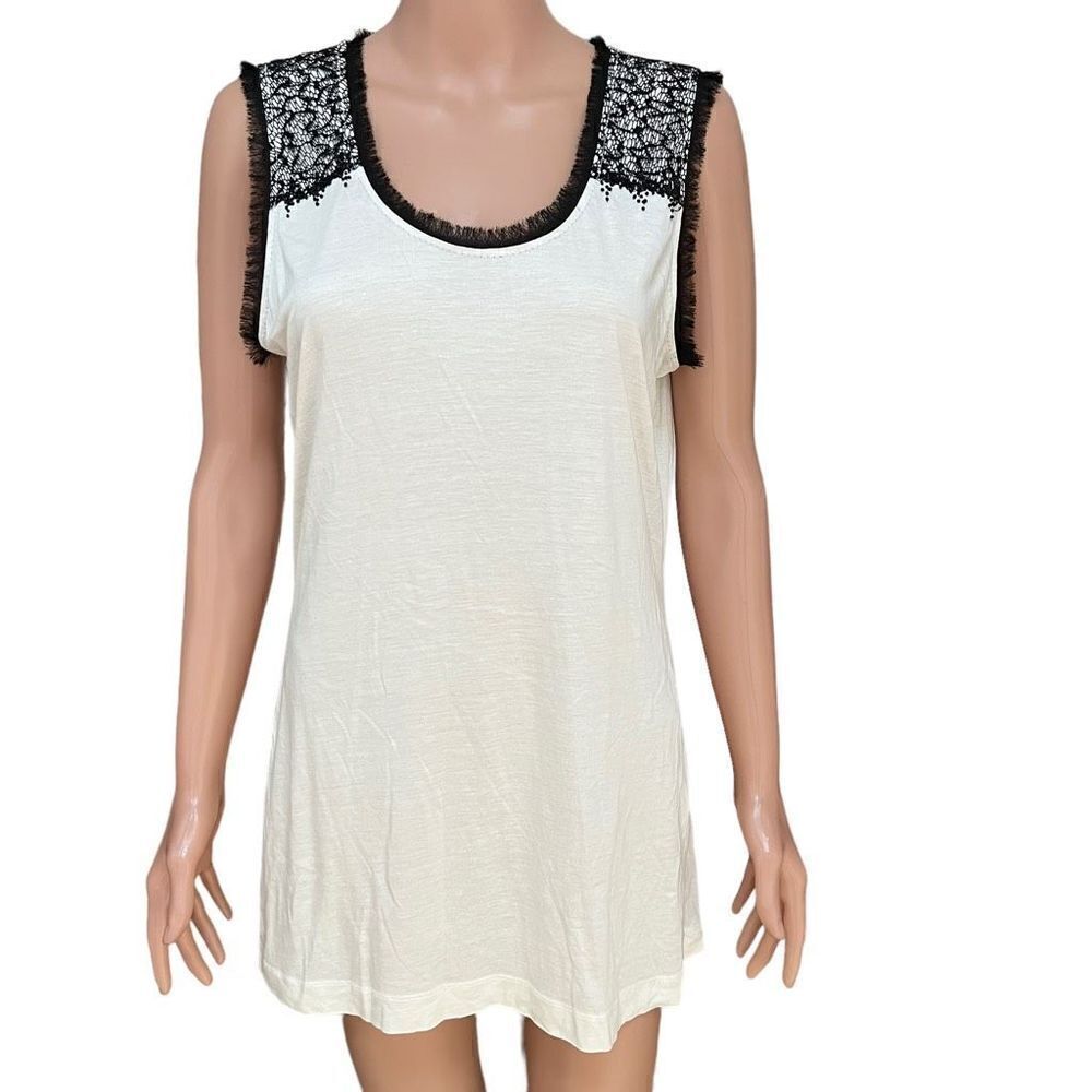Escada Shirt Womens Small Beige Black Lace Scoop Neck Sleeveless Soft Flowy sz L